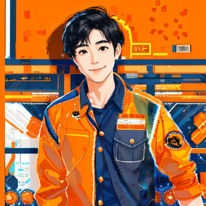 solo, looking at viewer, smile, short hair, shirt, black hair, 1boy, closed mouth, upper body, male focus, solo focus, black eyes, pocket, realistic, breast pocket, orange shirt, orange jacket,2D Flat Illustration