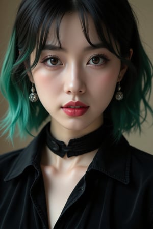 ((top quality)), ((masterpiece)), close portrait of a young gothic chinese girl with a  touch of punky, ((front view,)) With a black velvet unbuttoned shirt, with a rebellious appearance, black shaded eyes, green hair, intricate details, highly detailed light brown eyes, highly detailed mouth, cinematic image, illuminated by soft light,photo of perfecteyes eyes