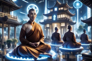 A futuristic scene depicting Buddhism in the year 3000, where monks meditate in a serene, high-tech temple. The temple is illuminated by soft, ambient lighting, with holographic lotus flowers floating in the air. The monks are dressed in advanced, yet traditional robes, sitting in a peaceful lotus position. The background features a blend of ancient Buddhist symbols and futuristic technology, creating a harmonious fusion of old and new. The composition is centered around the monks, with the temple architecture framing the shot, emphasizing the serene atmosphere.