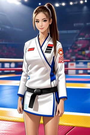 A girl (black eyes, brown hair, long hair, ponytail hairstyle, judo athlete clothes), full body, Judo combat pose, standing, she is in a judo arena, France Olympics 2024//digital art, professional style, detailed image, detailed skin, realistic eyes, extremely beautiful woman, ((quality of the masterpiece: 2)), light particles, attractive image.,Pho