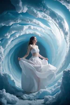 Kodak medium shot captures the ethereal beauty of a stunning female model amidst a swirling vortex of icy blues and whites, reminiscent of Pluto's distant hues. Soft blue lighting accentuates her features, radiating serenity as she stands at the eye of the storm, her pose serene yet powerful.,preidental suite