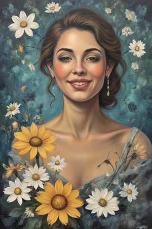 "A fine art oil painting, masterpiece, ultra-high resolution, sharp focus, crystal clear, vivid, high clarity, defined edges, ultra-sharp textures, subsurface scattering. The painting is rendered in ultra-high definition, with sharp textures and defined edges. The image is crystal clear and vivid, emphasizing crisp brush strokes throughout the scene. Subsurface scattering is used to enhance realism, adding depth to the textures, and the entire composition is meticulously focused on achieving ultra-sharp textures and visual clarity.", "a fine art oil painting in an abstract style", "portrait, woman",surrealportraits,biological,flowers