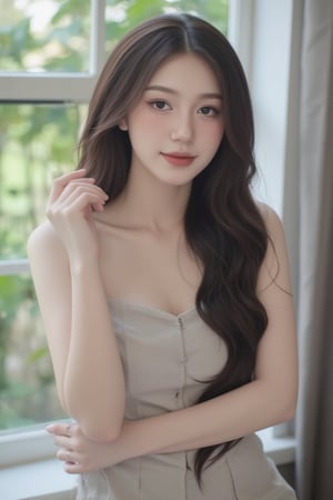 Beautiful soft light, (beautiful and delicate eyes), very detailed, pale skin, big smile, (long hair), dreamy, medium chest, female 1, ((front shot)), bangs, soft expression, height 170, elegance, bright Smile, 8k art photo, photorealistic concept art, realistic, person, small necklace, small earrings, fantasy, jewelry, shyness, dreamy soft image, masterpiece, ultra-high resolution, skirt, shirt, jacket, color, (the wind blows softly) ), (looking slightly raised and immersed in happy thoughts), girl sitting on the window sill with her chin supported by both hands, looking at the flower field outside the window, colorful, glitter, color art,BugCraft