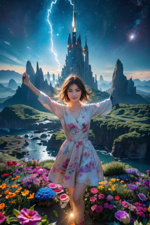 Curious girl with bouquet of vibrant flowers stands at edge of fantastical landscape, surrounded by whimsical Wonderland-inspired scenery. Glowing alien cityscape stretches towards sky, illuminated by soft blue light. Girl's bright smile and outstretched arms welcome extraterrestrial visitors, as if showcasing her own little patch of wonder in this surreal science fiction world.,1girl,Fashionista 