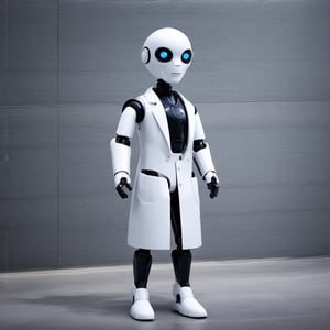 A solitary humanoid robot, with african-skinned facial features prominently showcased, stands firm against a modern metallic backdrop. The robot's slender figure is dressed in a crisp white lab coat, evoking a sense of innovation and intellectual curiosity. Its eyes seem to gleam with an air of confidence as it prepares to take on the world, embodying the essence of scientific ingenuity.