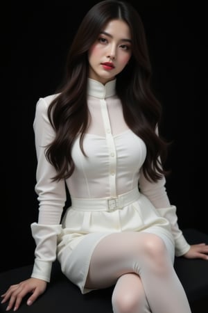 a woman with long dark brown hair, wearing a white collared button-down shirt and white stockings. She is seated on a black surface, her legs crossed, her hands resting on either side of her body. The background is a solid black, creating a stark contrast to the woman's white shirt. The woman's lips are painted red, adding a pop of color to her face.