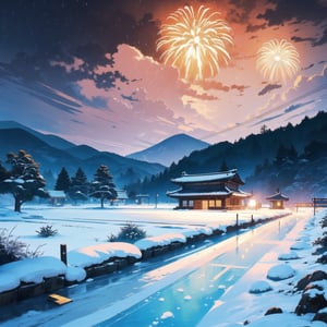 masterpiece, high quality,  (2d flat illustration), a landscape in South Korea in a snowy night, new year is coming 