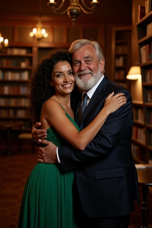 In a dimly lit, vintage library with towering bookshelves and a warm, amber glow from antique chandeliers, a young woman with olive skin, dark curly hair, and piercing green eyes stands beside an older man with a distinguished silver beard and kind, blue eyes. They are engaged in a heartfelt hug, their expressions filled with deep affection and mutual respect. The woman wears a flowing, emerald green dress with intricate lace detailing, while the man is dressed in a tailored, dark blue suit with a silver tie. The scene is bathed in soft, warm lighting, with a subtle film grain and a sepia tone, reminiscent of the cinematography of Martin Scorsese. A single, focused beam of light from a hidden source above highlights their embrace, casting gentle shadows on the rich, wooden shelves behind them.