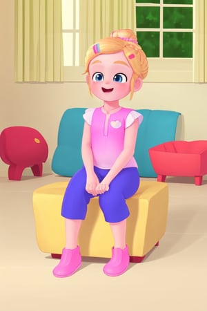 best quality, masterpiece, full hd, happy, netflix cartoon, Bebefinn Style;  a girl kid, blonde bun hair, about 7yo, sitting on sofa,<