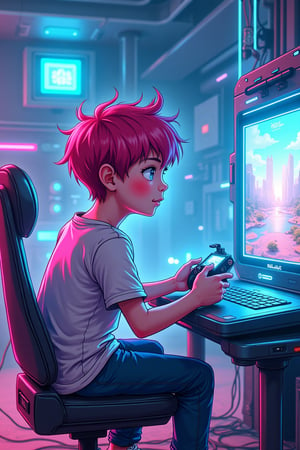 A young boy with bright pink hair and a determined expression sits in front of a sleek, high-tech console, immersed in a vibrant anime-style virtual reality world. The futuristic gaming setup surrounds him with holographic projections, neon-lit wires, and glowing blue circuits. He grasps a controller shaped like a miniature robot, his eyes fixed intently on the fantastical landscape unfolding before him.