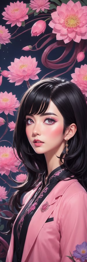 (Arielfstyle:1.0), Retro Ghibli scene, dark dream, terror, creepy, Painting, lovecraftian, Ameinu, Black hair, black jackets, black hair, devil, blossom, high resolution, blazer, pink Eyes, Pink flower, pink lotus,, rozen, shirt, Short hair, White shirts, Halloween theme, style of Ghibli studio,masterpiece, best quality,HellAI,Enhanced All,Pure Beauty