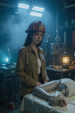 A dimly lit, steam-filled room, reminiscent of a David Lynch-inspired atmosphere, with flickering fluorescent lights casting an eerie glow. A slender, Asian girl, with porcelain skin and raven-black hair, clad in a firefighter's helmet and coat, stands beside a makeshift operating table, where a cybernetic limb lies exposed. Her expression is a mix of determination and unease, as she looks down at the limb. A faint, blueish hue from a nearby LED light illuminates the clinic's equipment, while a warm, golden glow from a nearby lantern casts a sense of unease, highlighting the contrast between the sterile clinic and the firefighter's rugged gear.