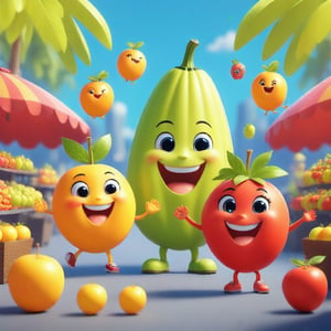 A vibrant cartoon scene in the Fruit World, showcasing a bustling market with anthropomorphic fruits in lively action. The framing captures a wide shot of the colorful marketplace, with bright, cheerful lighting highlighting the animated fruits. The composition includes a variety of fruits engaged in different activities: apples haggling at a stand, bananas performing acrobatics, and oranges playing musical instruments. The background features a whimsical fruit-themed landscape, with a clear blue sky and lush green trees.