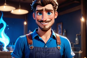 A solo male figure, looking directly at the viewer with a warm smile. Short brown hair frames his round blue eyes, and a hint of facial hair - a beard, mustache, and thin scar above the left eyebrow - adds character to his features. He wears a collared blue shirt with sleeves rolled up, paired with dark blue overalls. The indoor setting is lit by a fiery glow, as if a blue flame crackles in the background, casting a warm ambiance on this rugged individual's face.,pixar style