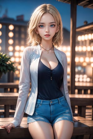 1girl, solo, long hair, breasts, looking at viewer, blue eyes, blonde hair, shirt, long sleeves, cleavage, medium breasts, sitting, closed mouth, jacket, multicolored hair, outdoors, open clothes, shorts, day, collared shirt, blurry, lips, black shirt, short shorts, eyelashes, blurry background, arm support, white jacket, freckles, blue shorts, realistic, bench,JeeSoo ,Charm of beauty,Eurasian,Timeless beauty