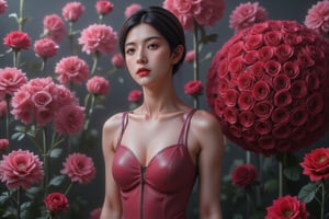 A stunning woman stands within a lush flower store, looking nowhere, her beauty eclipsed only by the vibrant bouquet of hundreds of tightly clustered red roses she holds. The crimson petals and dark green leaves form a striking sphere, radiating against the bright, balanced lighting that fills the space. Her dress is a beautiful complement to the flowers, as she occupies the top half of the image, surrounded by the lush greenery and delicate blooms.,pink art