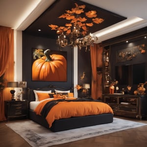 a breathtakingly elegant and luxurious bedroom scene with a modern twist, set against the backdrop of a majestic black and orange hued pumpkin. Amidst the lavish decor, sleek modern equipment glints in the soft light, while Halloween decorations subtly add an air of whimsy. A stunning masterpiece awaits, where every detail is meticulously retouched for XL-level clarity,halloween architecture