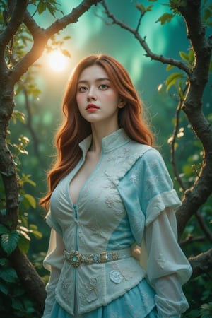 A whimsical scene unfolds: A young woman with fiery red locks and bright green eyes stands confidently in front of a mystical forest, her attire a vibrant mix of turquoise and silver. She wears a flowing white cloak with intricate silver embroidery, cinched at the waist with a delicate belt adorned with gemstones, her expression one of gentle determination as she gazes out at a radiant aurora borealis-filled sky. The warm golden light casts a sense of serenity over the entire setting, with lush greenery and twisted tree branches serving as a majestic backdrop. Her radiant beauty shines like the northern lights, as if the very essence of wonder has taken on human form, her face aglow with an ethereal luminescence that defies mortal comprehension, truly the best face ever.