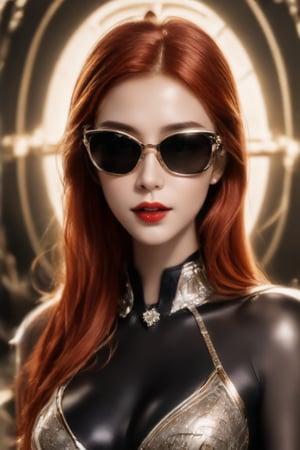 The image depicts a portrait of a person with stylized features.A German girl in dark Orange and red and light silver,her eyes wearin a futuristic sun glasses algorithmic artistry, high resolution. The background is blurred with hints of gold tones, which serve to highlight the subject without distracting from the intricate details of the jewelry and makeup.,1girl,Supreme