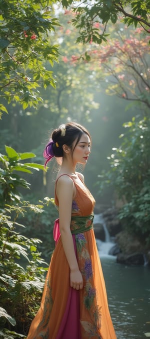 In a whimsical aerial shot, a curious young girl stands poised at the threshold of two realms: lush forests and tranquil streams merging with futuristic metropolises and shimmering holographic projections. Her vibrant, multi-hued hairdo and elaborately patterned dress, echoing Art Nouveau and Japanese woodblock print styles, gleam in soft, ethereal light. As she gazes out at this fantastical fusion, her expression exudes wonder and curiosity, inviting the viewer to step into her enchanting world.