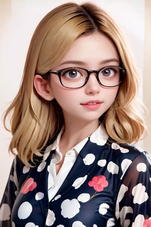 a close up of a young girl wearing glasses and a polka dot shirt, a character portrait by Silvia Pelissero, shutterstock, naive art, girl with glasses, young and cute girl, with square glasses, girl wearing round glasses, blonde hair and large eyes, wearing square glasses, portrait cute-fine-face, in square-rimmed glasses