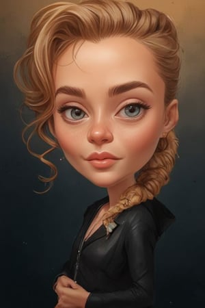 Caricature por Of a woman, looks funny, big head, her hair cascades over her shoulders. Her eyes are blue, her eyebrows are a light brown, and her lips are a darker shade of pink. The background is blurred, creating a soft glow to the scene.,luxury style,Perfect fashion,Portrait 