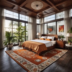 As the camera pans across this majestic living sanctuary, it captures the grandeur of dark wood furniture and rich woodwork on the ceiling, drawing attention to the lavish area rug with intricate patterns. The plush bed, swathed in a vibrant orange throw blanket and pillows, serves as a cozy oasis. Floor-to-ceiling windows frame the lush surroundings, bathing the room in soft natural light that highlights potted plants and artwork scattered throughout the space.