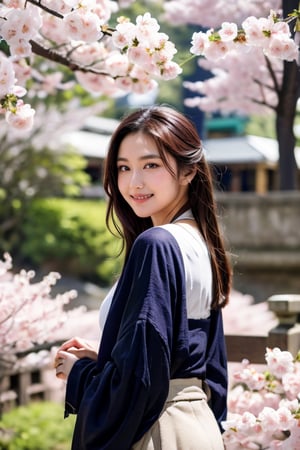 A 16-year-old Japanese beauty,in the sakura flowers.Turn slightly,Hyper