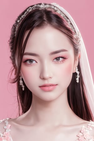 (masterpiece,  top quality,  best resolution), professional portrait photography, 1bridal, white dress, make_up with pink color,  ,solid color background, canon 70D, HDR, UHD, super detail, super sharp, split lighting,Eurasian