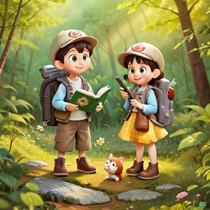 masterpiece, boy and girl kids smiling and standing in the woods with a book, childrens art in artstation, kids book illustration, loish and goro fujita, children book illustration, adorable digital painting, children's book illustration, children’s book illustration, children illustration, childrenbook illustration, childrens book illustration, cute detailed digital art, by Li Song, by Jason Chan,Enhance,perfect light,disney pixar style