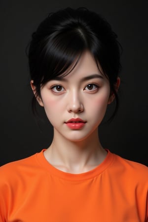 Generate hyper realistic close portrait of a beautiful girl, short messy black hair with a punk cut, dark background, orange t-shirt, very detailed beautiful eyes. Very detailed, provocative face, (dynamic provocative pose),   soft colors artwork, hight detailed,