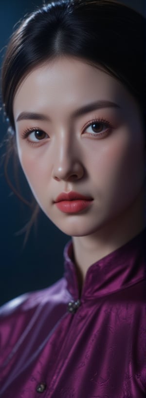 A close-up portrait of the deity of magic, rendered in extremely vibrant colors on normal skin, radiates an aura of mystique. Against a dark, mysterious background, her features are highly detailed and cinematic, as if plucked from a fine art painting by Drew Struzan and Karol Bak. The gothic art inspiration is evident, with hints of Ilya Kuvshinov's style in the eerie lighting. Russ Mills' attention to detail shines through in the delicate textures and folds of her robes, which seem to shimmer like dark dragon scales.,luxury style,pink art,Art