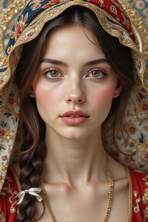 masterpiece of Byzantine mosaics depicts a serene girl with exquisite features in stunning detail. Against a simple yet elegant background, the 16k resolution portrait shines with perfect dynamic composition and bokeh effects. The subjects face is sharply focused, while the surroundings gently blur into a soft focus. A super wide-angle lens captures the high angle shot from above, showcasing her beauty amidst a subtle depth of field.