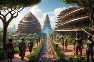 Image of a futuristic city with buildings designed based on traditional African architecture, covered with high-tech lines and natural elements. People in the image may be wearing costumes inspired by ancient African fashion but combined with modern equipment such as virtual reality glasses or technological devices.