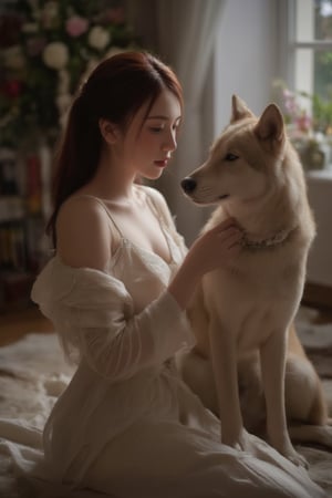 A young Nordic woman with porcelain skin and fiery red hair sits amidst a warm glow in a dimly lit room. She tenderly strokes her pet wolf's fur, their intertwined figures illuminated by the soft light from the nearby window. Dramatic shadows dance across their faces, highlighting subtle emotions: tenderness on hers, contentment on the wolf's. A plush fur rug beneath them adds warmth to this intimate scene, evoking a gradient of deep affection and companionship as they share a quiet moment of tranquility.,pink art,biological