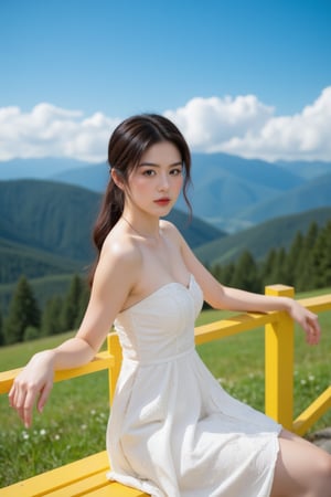 a woman is seated on a yellow wooden bench, her left arm resting on the railing. She is wearing a white strapless dress, adorned with a lace pattern. Her hair is long and cascades in a ponytail, adding a pop of color to the scene. The backdrop is a lush landscape of green grass, trees, and mountains. The sky is a deep blue, dotted with white fluffy clouds.