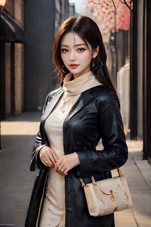 Beautiful and delicate light, (beautiful and delicate eyes), pale skin, big smile, (brown eyes), (black long hair), dreamy, medium chest, woman 1, (front shot), Korean girl, bangs, soft expression, height 170, elegance, bright smile, 8k art photo, realistic concept art, realistic, portrait, necklace, small earrings, handbag, fantasy, jewelry, shyness, skirt, winter parka, scarf, snowy street, footprints,Enhance,Sugar babe 