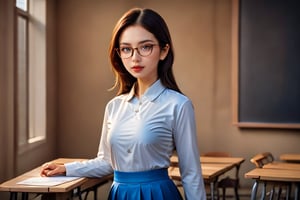 A close-up shot of a bespectacled schoolgirl in a tight-fitting seifuku uniform, her long skirt neatly pleated, standing in front of a chalkboard filled with complex math equations in a dimly lit classroom. Her glasses sit perfectly on the end of her nose as she looks down at a textbook, her expression focused and determined.