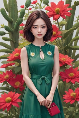 The portrait shows a woman wearing a green dress adorned with cactus-shaped patterns. She is surrounded by a collection of various cacti, some of which have bloomed with flowers. One cactus in particular has grown in the shape of her face, creating a humorous visual pun. The woman is in the center of the portrait, with her cactus collection surrounding her. The face-shaped cactus is placed next to her head, creating a visual connection between the two. The variety of cacti shapes and sizes creates a visually interesting scene, while the color palette of greens and earth tones ties everything together.,Fashionista ,NDP,Enhance,Perfect Anything,Wonder of Art and Beauty