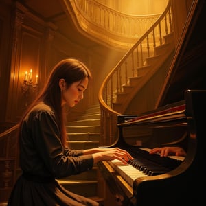 drawing art, A hauntingly beautiful sonata echoes through a dimly lit, ornate concert hall. The pianist's slender fingers dance across the keys, bathed in warm golden light that casts shadows on their determined face. A sweeping staircase curves upwards behind them, framing the intimate performance. Flickering candelabras and rich wood paneling add to the opulence of the setting.