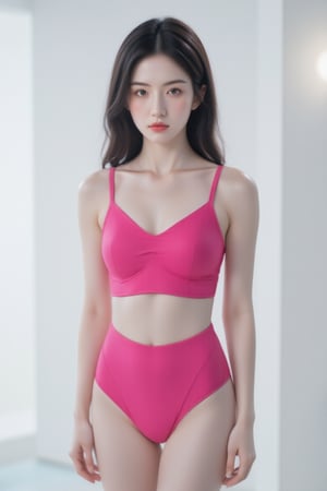 A young Asian woman stands confidently against a stark white backdrop, wearing a vibrant pink two-piece swimsuit that cascades down her shoulders like a fiery waterfall. Her long hair flows behind her as she poses, her piercing blue eyes sparkling with confidence and her darker pink lips curled into a subtle smile. The bold color of the swimsuit creates a striking contrast with the neutral background, drawing attention to her radiant features.