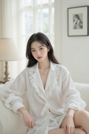 a woman is seated on a white sofa, her long dark hair cascades over her shoulders. She is dressed in a white long-sleeved shirt, adorned with a white collar and a necklace. Her left hand is resting on her hip, adding a touch of balance to her body. The sofa is adorned with white ruffles, adding texture to the scene. The backdrop is a stark white wall, with vertical blinds covering the window. To the left of the woman, a lamp shade is visible, with a black and white photograph hanging on the wall.