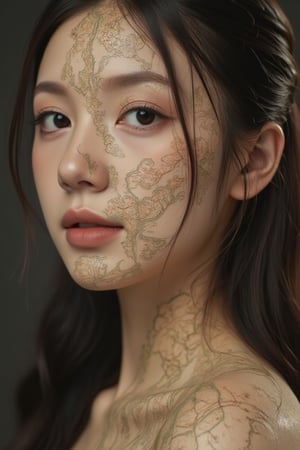 "A captivating photograph portrait featuring an ethereal  woman whose face is intricately designed with creases reminiscent of ancient maps. Her features resemble geographical contours, such as rivers etched across her cheeks and mountain ranges fo...(line too long; chars omitted),Enhanced all