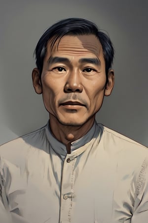 Sketch portrait of a Vietnamese man, circa 1980. . His smooth face, free from whiskers (râu ria), is illuminated by soft, warm lighting that accentuates his gentle features.