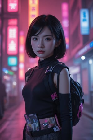 In a gritty cyberpunk metropolis, Dora the Explorer morphs into a stunning digital painting, bathed in neon hues and high-contrast lighting. Her portrait, akin to Henriette Kaarina Amelia von Buttlar's realistic artwork, exudes fashion sense and tenacity. Framed by towering skyscrapers and holographic advertisements, Dora's striking visage dominates the composition, her eyes gleaming like LED lights in a darkened alleyway. Amidst this dystopian landscape, her pose screams defiance, as if ready to conquer the virtual realm with nothing but a backpack full of digital gadgets.,.., in the style of Frank Frazetta, Arthur Rackham, Dean Cornwell, pulp, volumetric lighting, dramatic lighting, pulp sci-fi, black, smoke, belt, backpack, warm colors