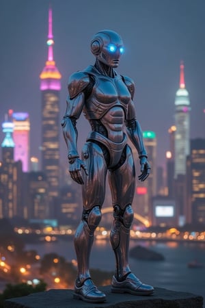 A cyborg stands at the edge of a futuristic cityscape, its metallic arm and leg glistening in the neon-lit night air. The city's towering skyscrapers loom behind it, their LED lights reflecting off the cyborg's polished exterior. Its glowing blue eyes seem to pierce through the darkness as it surveys the urban landscape, its mechanical body a testament to humanity's fusion with technology.