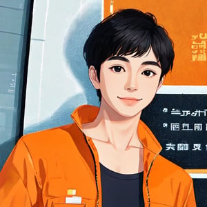 solo, looking at viewer, smile, short hair, shirt, black hair, 1boy, closed mouth, upper body, male focus, solo focus, black eyes, pocket, realistic, breast pocket, orange shirt, orange jacket,2D Flat Illustration