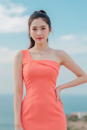 A young Asian woman stands confidently, left hand on hip, in a bold salmon-hued sleeveless dress, its radiant color amplified by a silver necklace and earrings. Her ponytailed hair adds a pop of color to her face, drawing attention to her striking features. The blurred backdrop creates a stunning contrast with the dress, while a soft blue sky with wispy clouds adds depth and serenity to the scene.