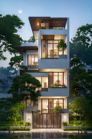 (best quality, masterpiece, high_resolution:1.5), a house town in Hanoi, Vietnam with wonderful and luxury exterior designing by Zaha Hadid. Glass and trees make the facede of this 5 layers house look awesome . Night light from lamps and moon.,Thai style roof,Wonder of Art and Beauty