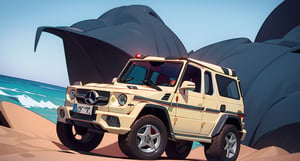 Mercedes G63, black, full option, stop in front of gas station near the beac, high detail